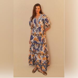 FARM Rio White Maxi Dress with Blue & Orange Floral Print
